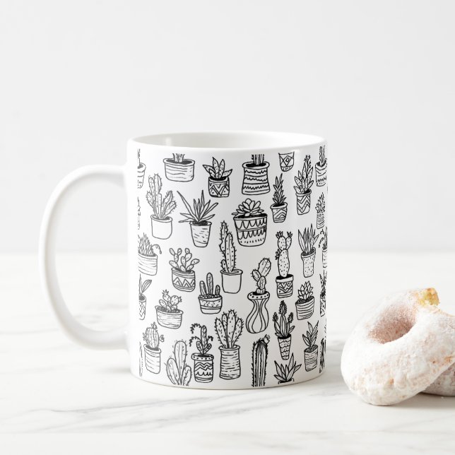 Mug Plantes de cactus en pot Motif mignon Noir & Blanc (Avec donut)
