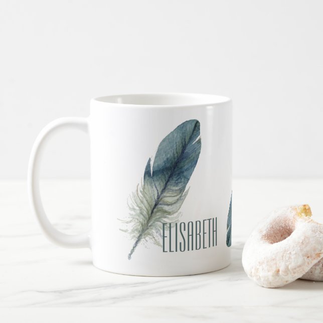 Mug Plume tirée par la main d'aquarelle de gris bleu (Avec donut)