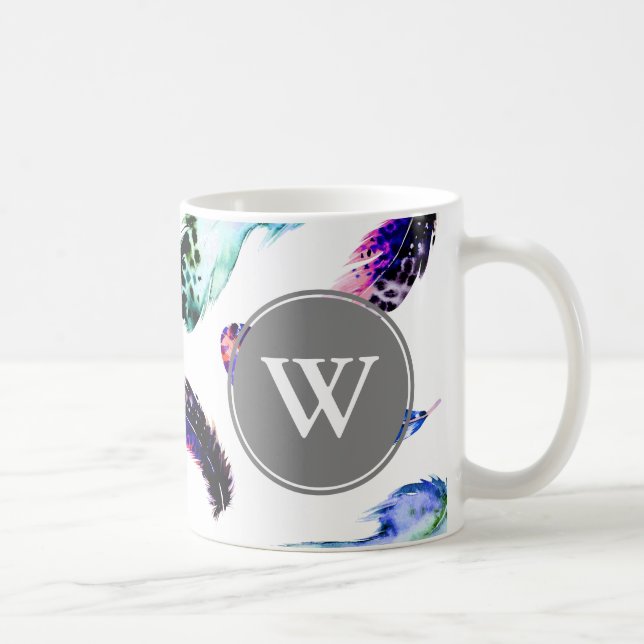 Mug Plumes de Bohême colorées Monogramme gris (Droite)