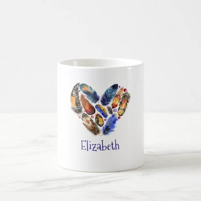 Mug Plumes en forme de coeur Aquarelle personnalisée (Centre)