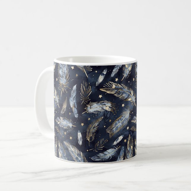 Mug Plumes Étoiles Or Bleu (Devant gauche)