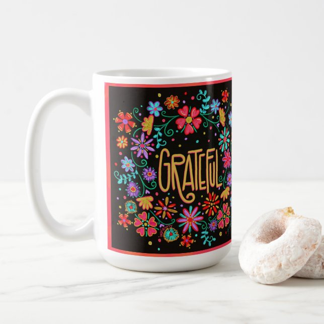 Mug Plutôt Floral Noir Inspiré Grateful (Avec donut)