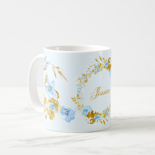 Mug Plutôt Personnalisé Gold Blue Winter Floral (Devant gauche)