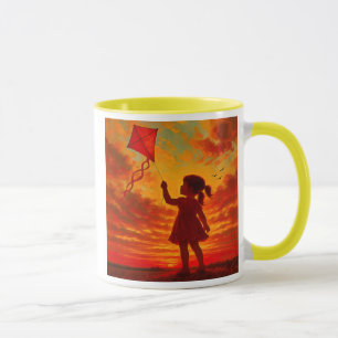 Mug poétique et coloré, fillette au cerf-volant.
