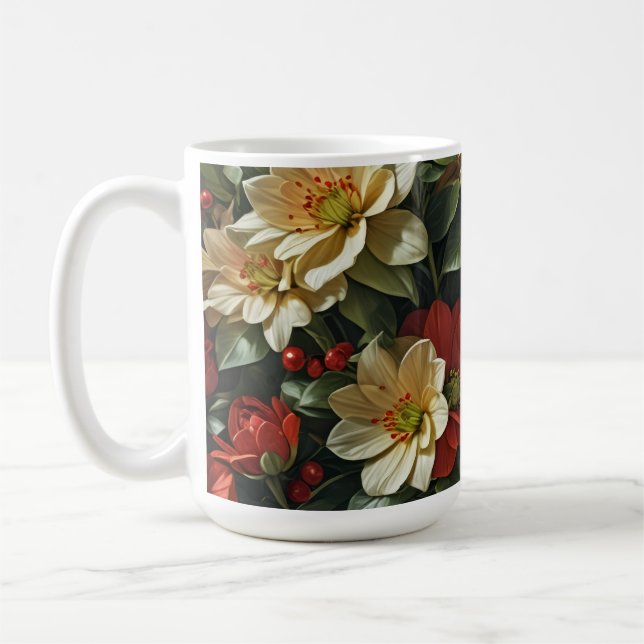 Mug Poinsetia, fleurs rétro en rouge et vert (Gauche)