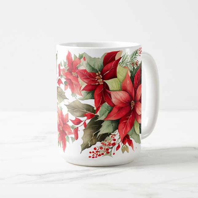 Mug Poinsettia Holly Berry Rouge Blanc Fleur Noël (Devant droit)