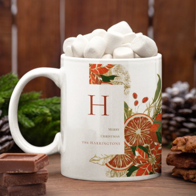 Mug Poinsettia Moderne & Feuillage | Monogramme de Noë (Créateur téléchargé)