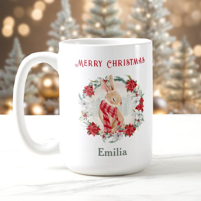 Mug Poinsettia Nom du lapin d'hiver Musique de Noël (Poinsettia Winter Bunny Name Christmas Mug)
