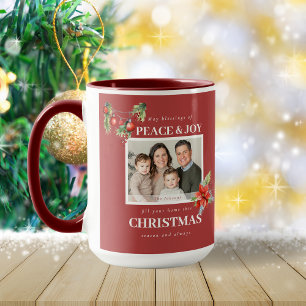 Mug Poinsettia rouge Joie Paix Photo de famille Noël