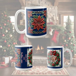 Mug Poinsettia sur fond bleu Noël Personnalisable 