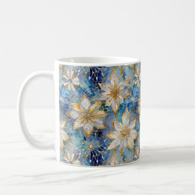 Mug Poinsettias de Noël Blanc Bleu (Gauche)