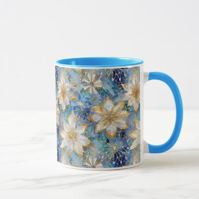 Mug Poinsettias de Noël Bleu Blanc Or (Droite)