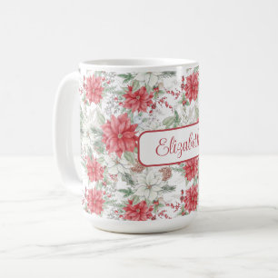 Mug Poinsettias Rouges et Blancs Monogrammés Fête