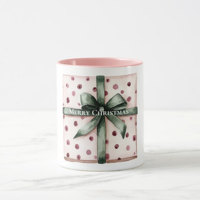Mug Points roses de Noël Ruban vert & Bow (Centre)