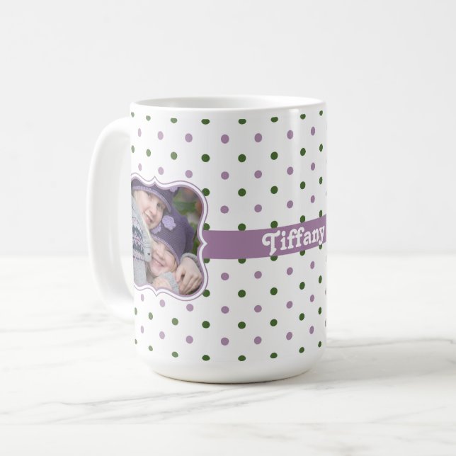 Mug Pois avec cadre photo en ruban violet (Devant gauche)