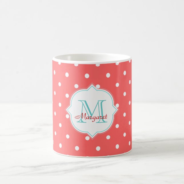 Mug Pois de turquoise et de corail de monogramme (Centre)