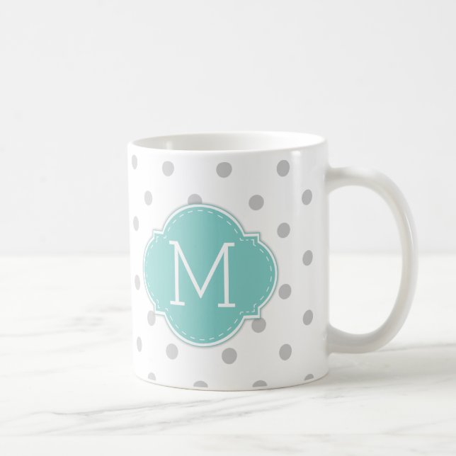 Mug Pois gris-clair moderne avec le monogramme bleu (Droite)