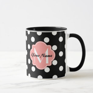 Mug Pois noirs et blancs au monogramme rose