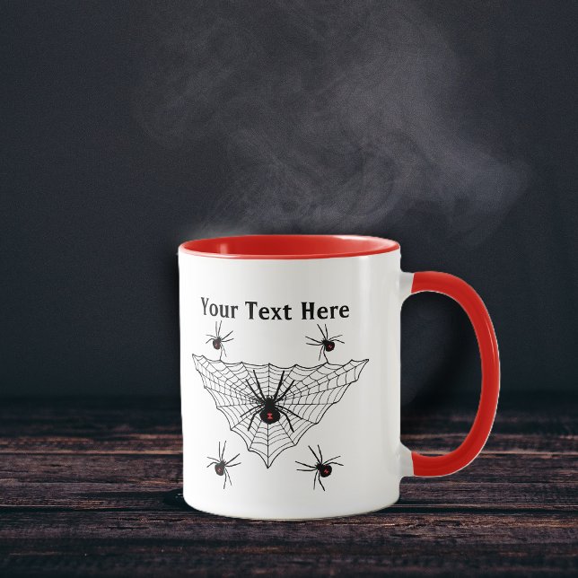 Mug Poison Black Widow Spiders Black Triangle Web (Creepy poison black widow spiders in and around triangle shaped black web on coffee or tea mug.)