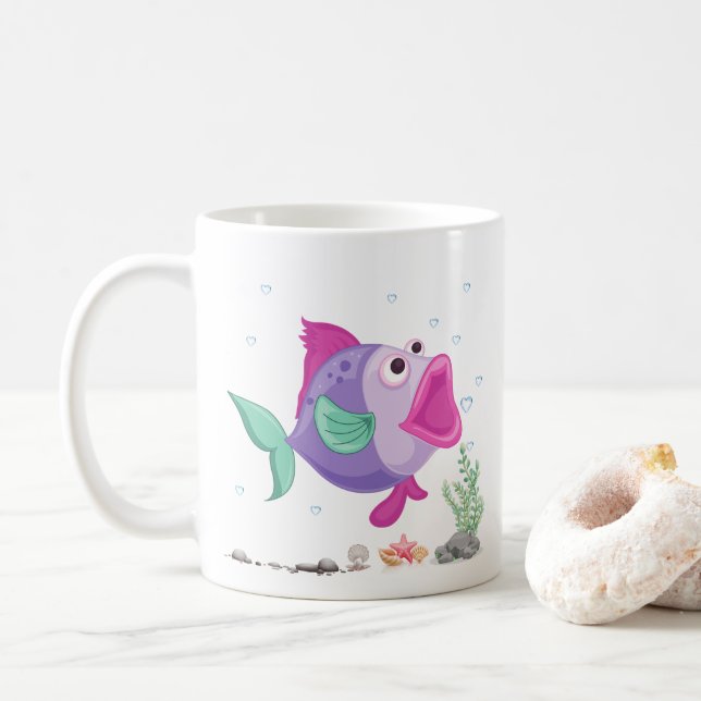 Mug Poisson avec bulles à bouche ouverte et flore sous (Avec donut)