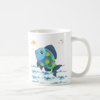 Mug Poisson avec soleil et oiseaux dans le ciel au-des