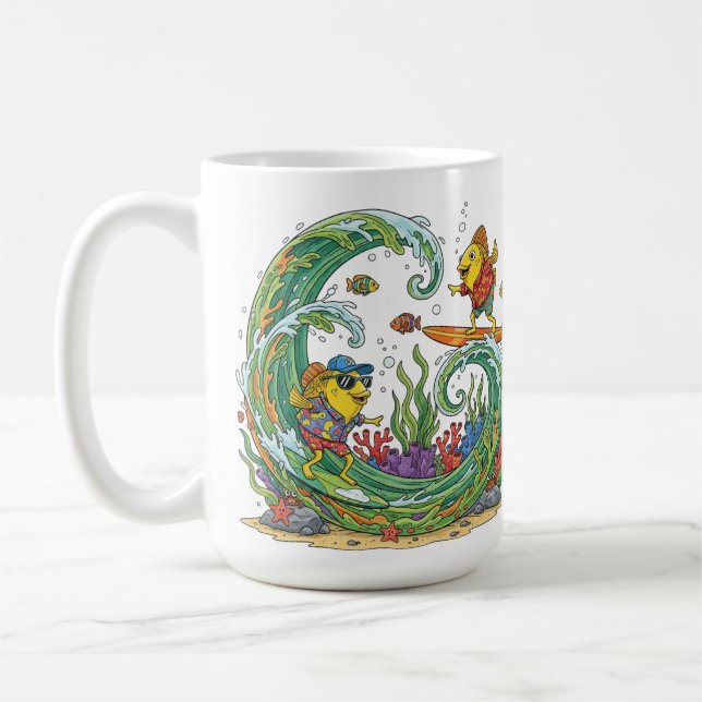 Mug Poisson Jaune Amusant de Surf Partie de Plage Trop (Gauche)