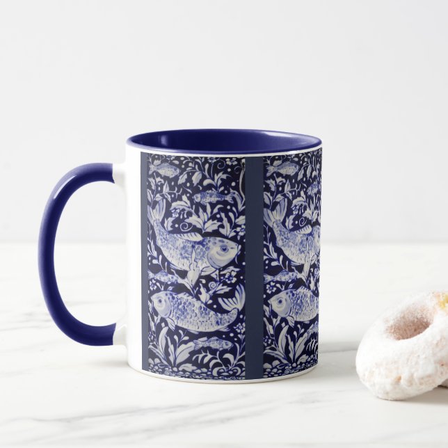 Mug Poisson Koi bleu et blanc Indigo Carreaux complexe (Avec donut)