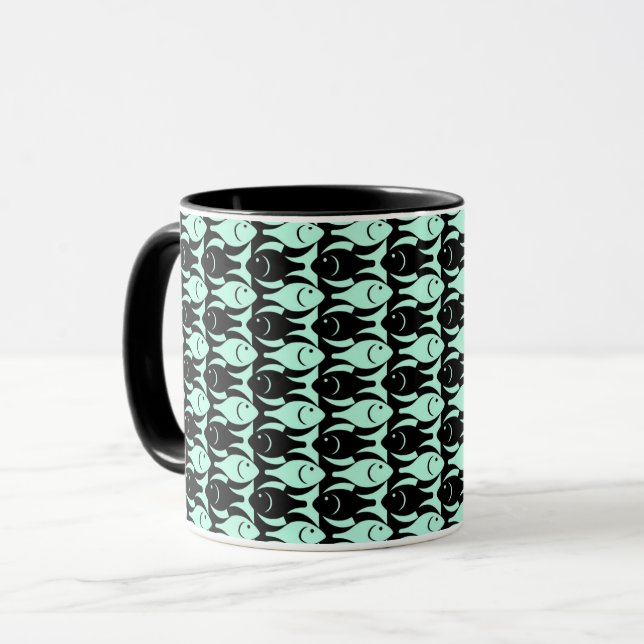Mug Poisson moderne du milieu du siècle, aqua et noir (Devant gauche)