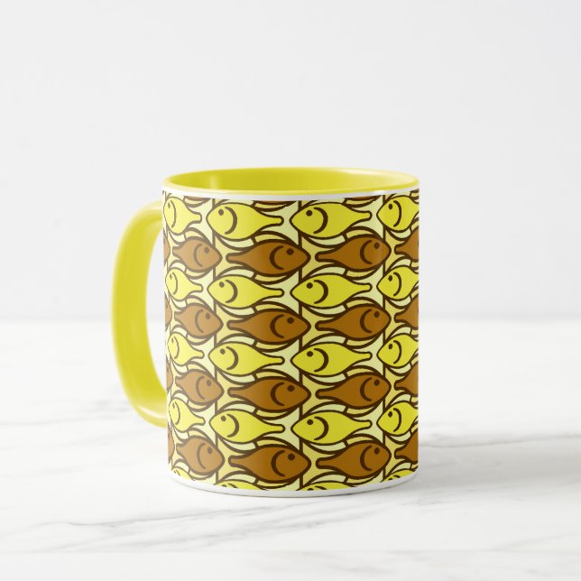 Mug Poisson moderne du milieu du siècle, brun et jaune (Devant gauche)