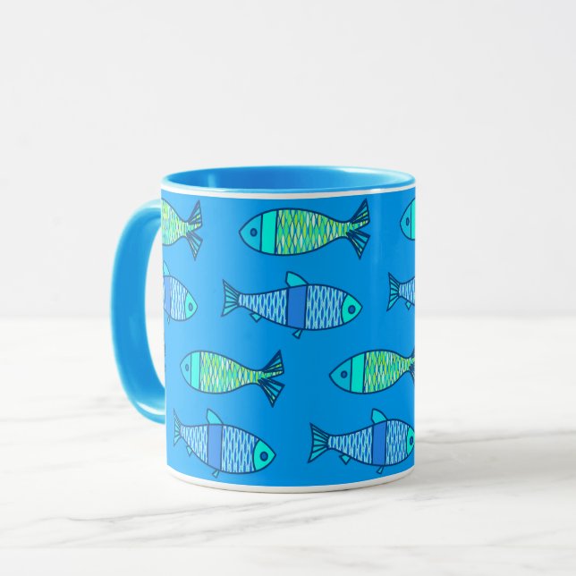 Mug Poisson moderne rétro, bleu turquoise et cerulean (Devant gauche)