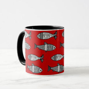 Mug Poisson moderne rétro, rouge profond et gris / gri