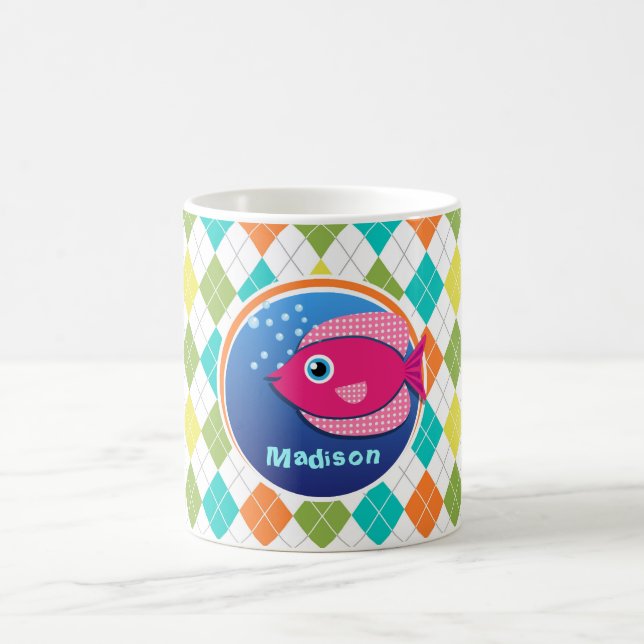 Mug Poissons roses sur le motif à motifs de losanges (Centre)