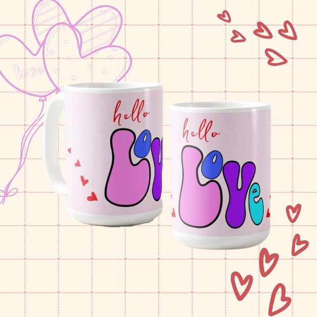 Mug Police de style Retro 70 "Hello Love" Coeurs rouge (Créateur téléchargé)
