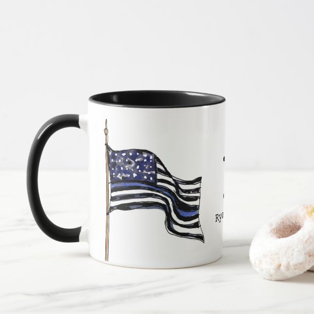 Mug Police Mince Ligne Bleue Américain Drapeau Nom (Avec donut)