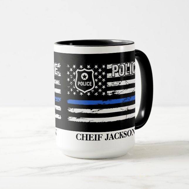 Mug Police Officier Ligne bleue Drapeau insigne café M (Devant droit)