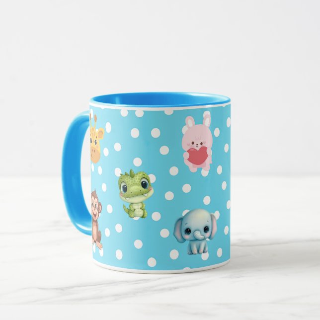 Mug Polka bleu avec caractères Kawaii (Devant gauche)