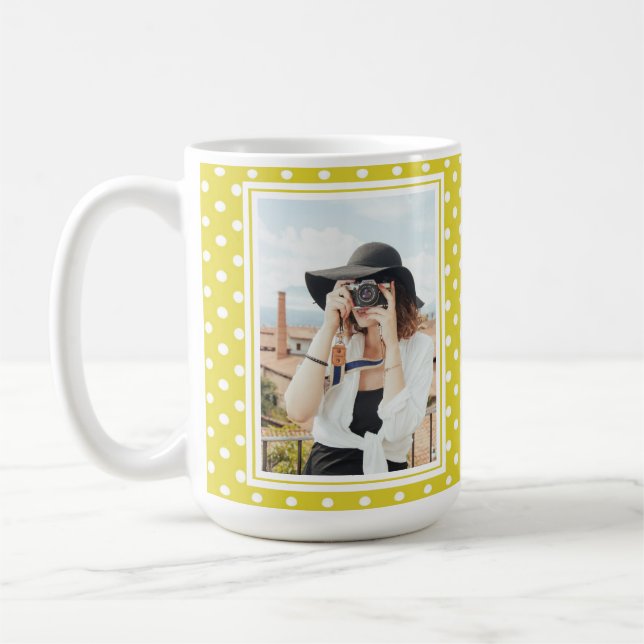 Mug Polka jaune vif Point personnalisé 2 Photo et nom (Gauche)