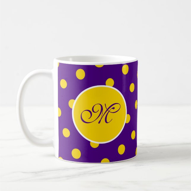 Mug Polka Jaune violet point initial Plutôt amusant Pe (Gauche)