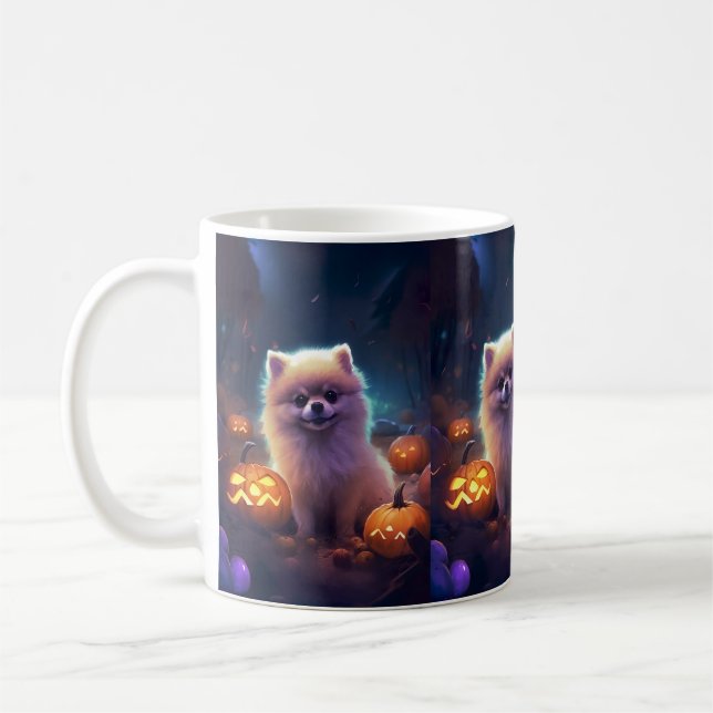 Mug Pomeranian d'Halloween avec citrouilles effrayant (Gauche)