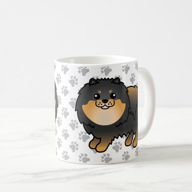 Mug Pomeranian noir et feu, chien de dessin animé mign (Devant droit)
