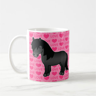 Mug Poney Shetland Noir Rose Avec Cœurs & Texte Amour