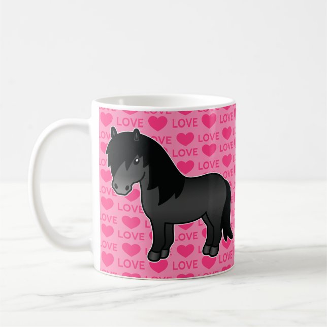 Mug Poney Shetland Noir Rose Avec Cœurs & Texte Amour (Gauche)