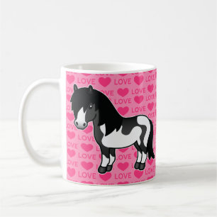 Mug Poney Shetland Pinto Noir sur Motif Rose Amour