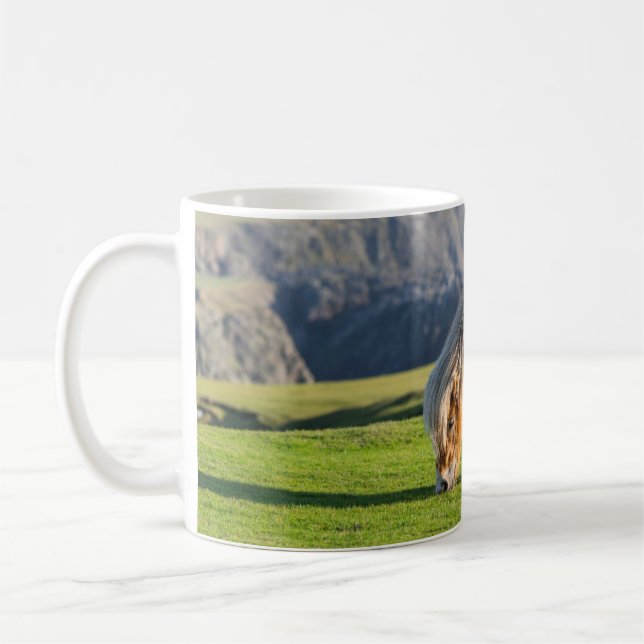 Mug Poney Shetland sur le pâturage près de hautes fala (Gauche)