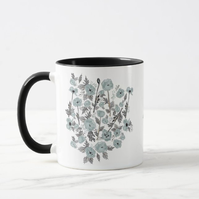 Mug Poppies Gris Bleu Aquarelle Fleurs Avec Nom (Gauche)