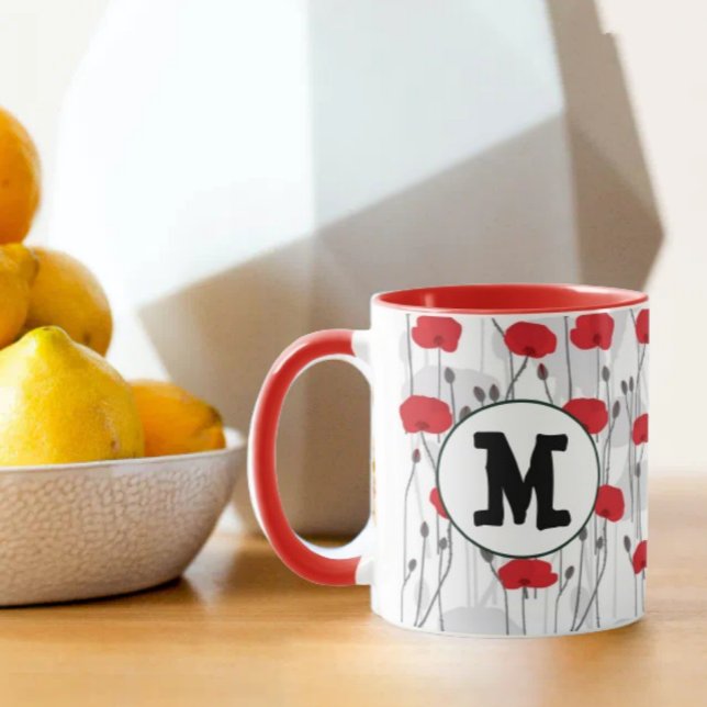Mug Poppy flower gift botanical pretty monogram (Créateur téléchargé)