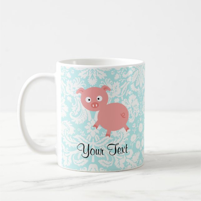 Mug Porc rose mignon ; Damassé turquoise (Gauche)