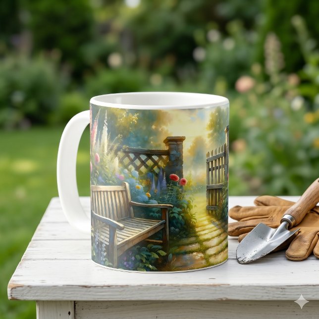 Mug Porte de jardin ensoleillé le long d'un chemin (Sunlit Garden Pathway Gate Scene Coffee Mug)