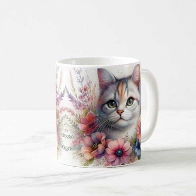 Mug Portrait de chat calico avec des fleurs   (Devant droit)