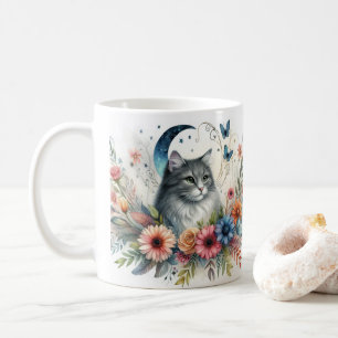 Mug Portrait de Chat Gris Joli avec Fleurs